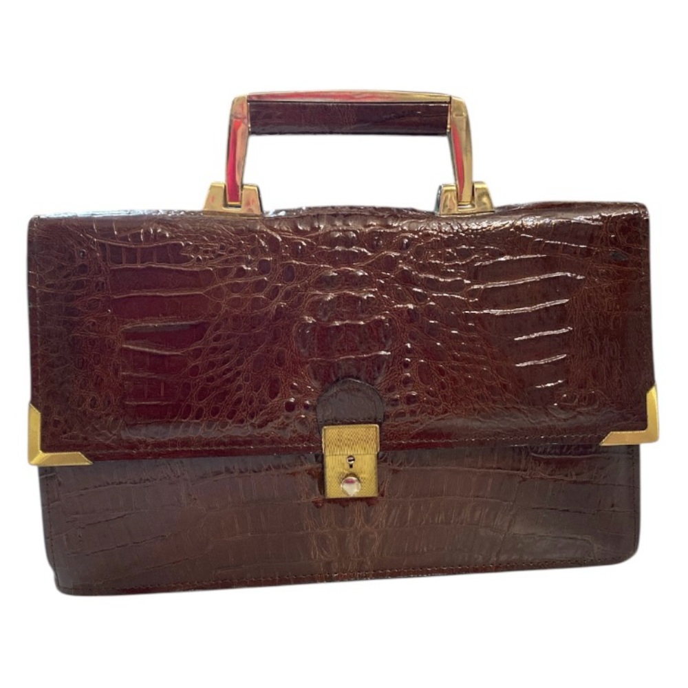 Vintage Mido Korea Brown Crocodile Embossed Ostrich Leather Top Handle Bag.